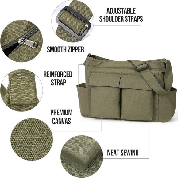 Canvas Messenger Bag Large Capacity Hobo Crossbody Tote for Men Women - Picture 2 of 7